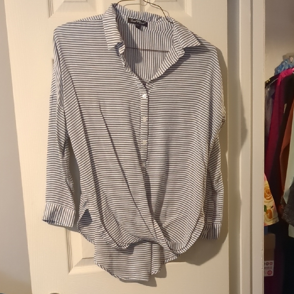 #93 Velvet Heart Blue White Striped Button Down Shirt Women's Small
